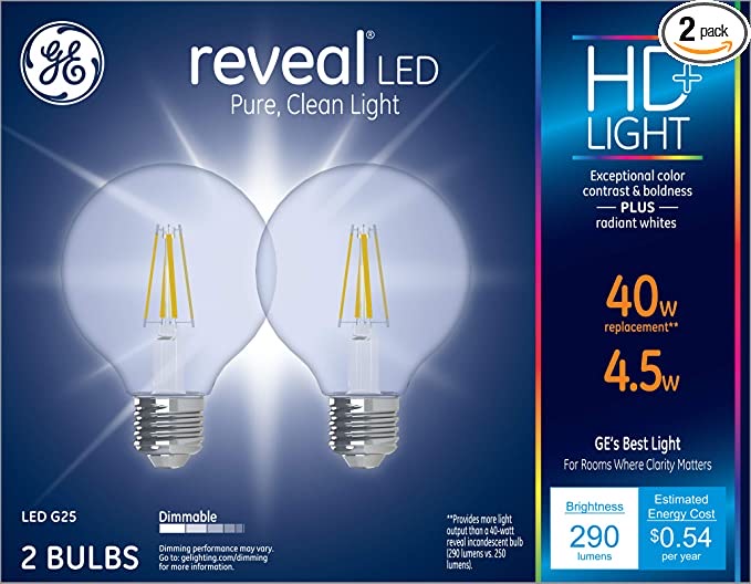 GE Reveal HD+ 40W Replacement LED Light Bulbs, 2-Pack, Clear, Decorative, Globe, Dimmable LED Light Bulb, Prime Shipping $7