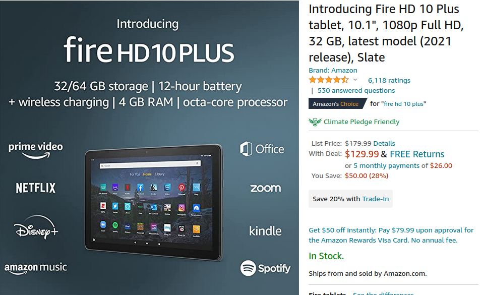 Amazon Fire HD 10 Plus 32gb $129.99 +20% off with trade-in @Amazon $129.99