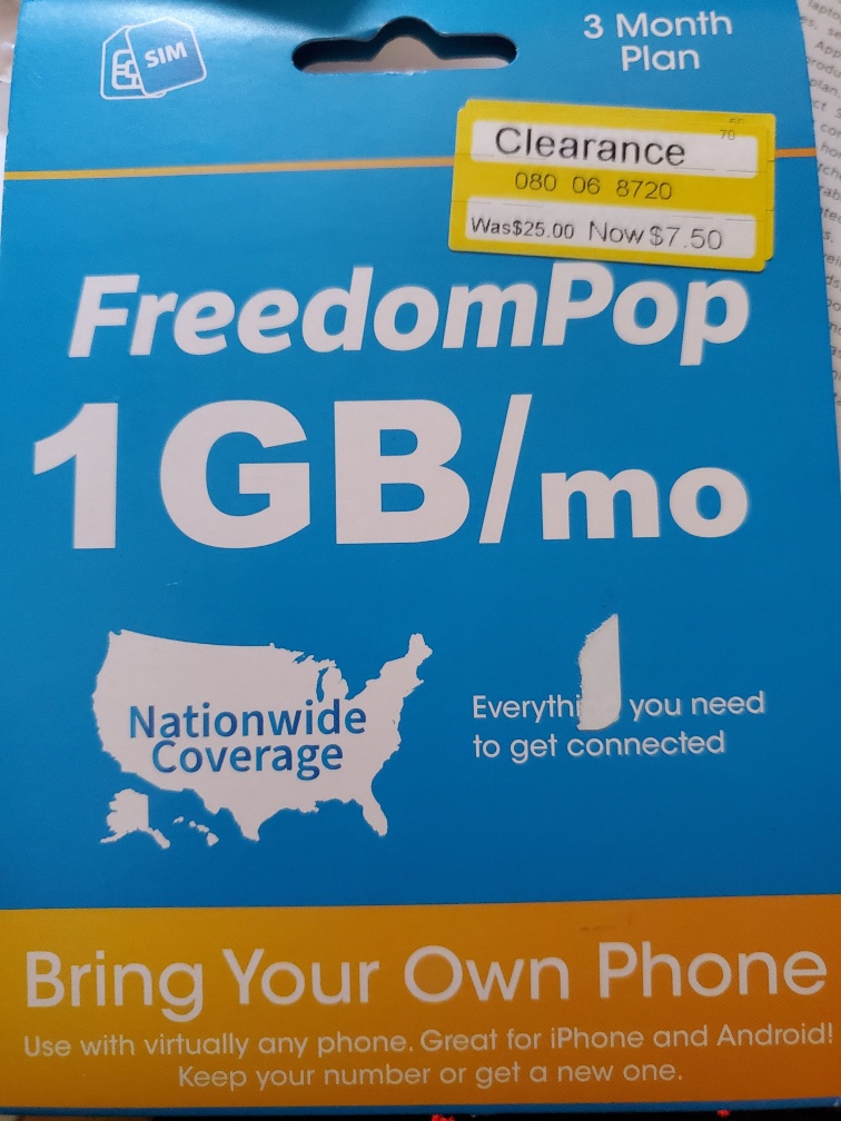 3-month Freedompop GSMA Sim 50min/50txt*(cellular, unlimited WiFi)/1GB Target clearance B&M YMMV $7.5
