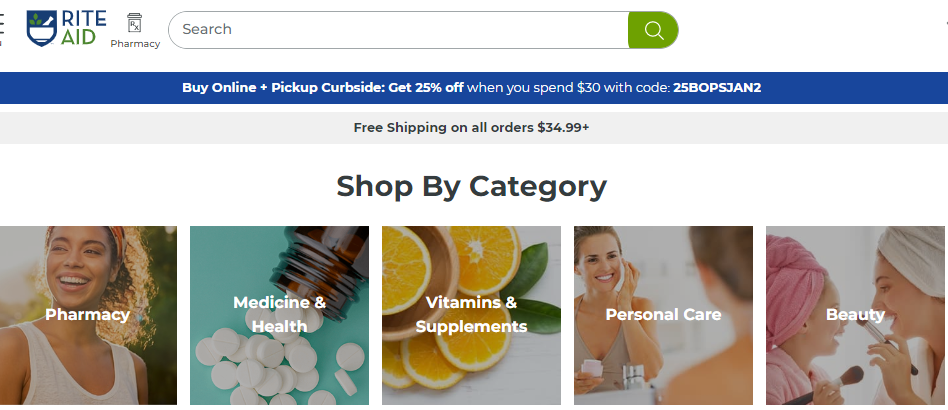 Rite Aid - Buy Online + Pickup: 25% off $30+ (25BOPSJAN2) - EXPIRES 1/14