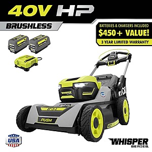 Ryobi 40V HP Brushless 21" Whisper Series Cordless Walk-Behind Multi-Blade Push Lawn Mower - (2) 6.0 Ah Batteries & Charger $499