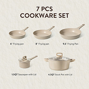 Carote Nonstick Cookware Set 7-Piece,Kitchen Pots and Pans Set,Stay-Cool Handles,Induction Compatible,Cookware Set for RV and Camping,Taupe $49.99