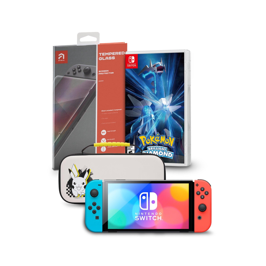 Nintendo Switch OLED Red and Blue with Pokemon Brilliant Diamond, Screen Protector, and Pikachu Case System Bundle - $444.96