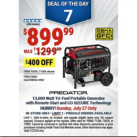 Save $400 on PREDATOR 13,000 Watt Generator!