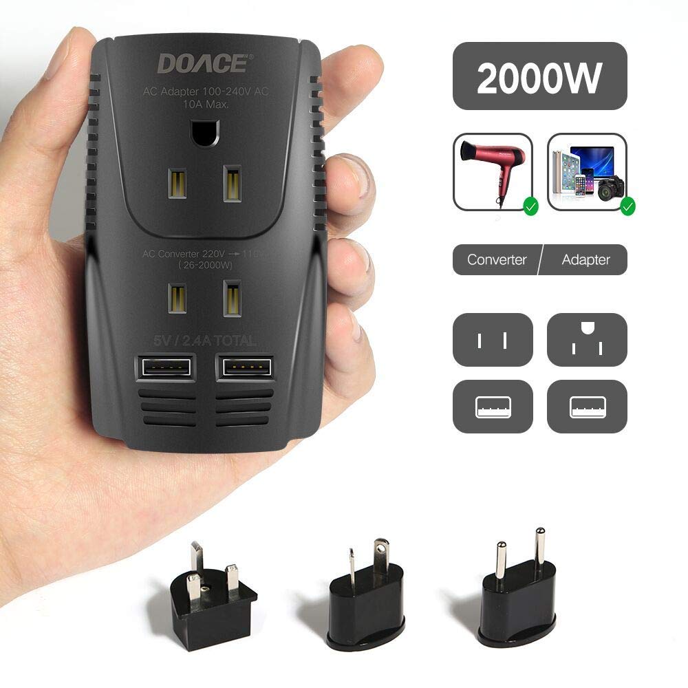 2018 Upgraded DOACE C11 2000W Voltage Converter for Hair Dryer, Hair Straightener, Flat Iron, Set Down 220V to 110V  with 2-Port USB Charging $23.92