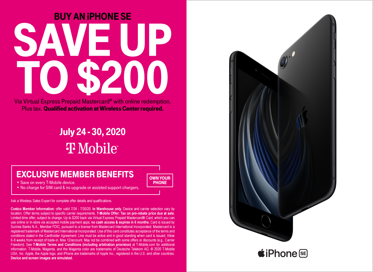 T Mobile At Costco Warehouse Get Iphone Se 2 For 180 Via Rebate After Line Activation 180
