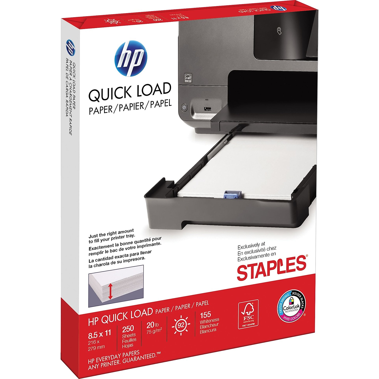 HP Quick Load 8.5" x 11" Paper, 20 lbs., 250 Sheets/Ream (28088)  $1.85 Staples Free Ship for Plus or Store Pick up