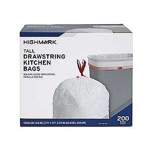 Highmark Tall 0.6 mil Drawstring Kitchen Trash Bags, 13 Gallon, 24
