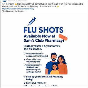 Sam's Club Members now to 11/8/25, Schedule Your Flu Shot at Link, Get Flu Shot in Store, get $10 SAMS CASH!!