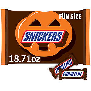 Snickers Fun Size Milk Chocolate Halloween Candy Bars, 18.71 oz Bulk Jumbo Bag  $4.89 free ship Walmart Plus or Pick Up where avail