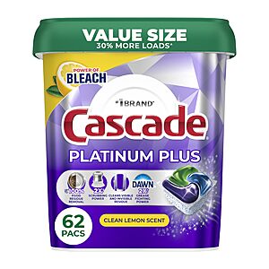 62-Count Cascade Platinum Plus Dishwasher Pods (Lemon Scent) $16.15 w/ Subscribe & Save