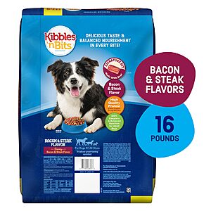 Kibbles 'n Bits Dry Dog Food,Savory Bacon & Steak Flavor for Adult Dogs 16 lb.Bag $11.22 or less S&S Clip Q (YMMV