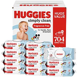 Huggies Simply Clean Unscented Baby Diaper Wipes,11 Flip-Top Packs (704 Wipes Total),$12.15 or less S&S Clip Q Amazon YMMV
