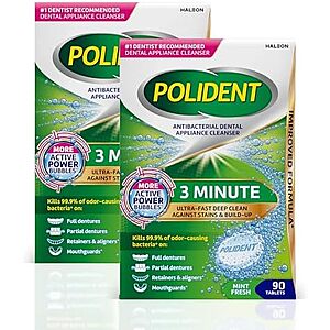 Polident 3 Minute Antibacterial Dental Appliance Cleanser Tablets,90 Count (2 Pack = 180 tabs) $5.85 or less S&S,25% Clip Q (YMMV ON Q