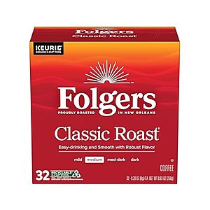 Folgers Classic Roast Coffee, Medium Roast, K Cup Pods for Keurig Coffee Makers, 32Count  $12 WOOT FS PRIME (limit 3)