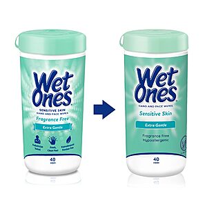 Wet Ones Hand and Face Wipes, Sensitive Skin, Unscented,  40ct Canister (6 pack) or Travel Pak Hand 20ct x 10  $10.90 or less S&S 35% Clip Q YMMV