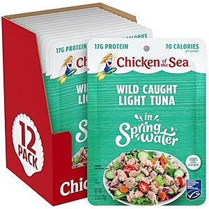 Chicken of the Sea Wild Caught Light Tuna in Spring Water, 2.5 Ounce Packets, 12-Count – High Protein $9 or less S&S 20% Clip Q YMMV