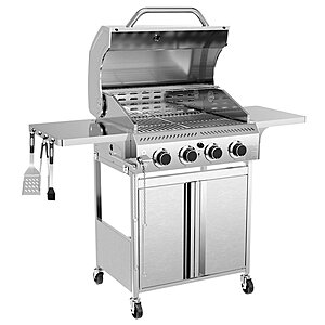 $274 FS WAYFAIR Stainless Steel Four Burner Commercial Bbq Grill -32000btu Intense Fire Configuration, Pulse Ignition+dual Brake Universal Wheels, With Kitchenware Hanging Holes