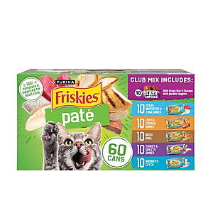 $34.98 FPU Sam's Club or FS at $50 Plus Members Purina Friskies Pate Wet Cat Food Variety Pack with Glaz’d and Infuz’d and Friskies Pate, 60 ct., 5.5 oz. Cans