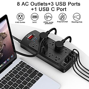 $16 AMAZON Surge Protector Power Strip - Nuetsa Flat Plug Extension Cord with 8 Outlets and 4 USB Ports, 6 Feet Power Cord, 2700 Joules, ETL Listed, Black