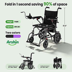 $329.07 Shipped Walmart Seller Arshin Electric Wheelchair Lightweight Foldable,20+ Miles for Adults,360°Joystick Motorized Wheelchair,286+ lbs Capacity,Black