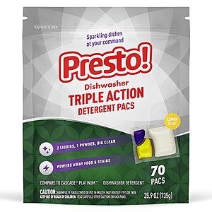 Prime Members: 70-Ct Presto! Triple Action Dishwasher Pacs (Lemon) .55 w/ S&S + Free S&H