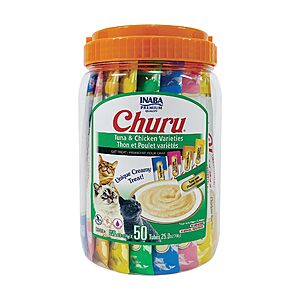 {$24.74 or less S&S) Clip Q INABA Churu Cat Treats, Lickable, Squeezable Creamy Purée Cat Treat  0.5 Ounces Each Tube, 50 Tubes, Tuna & Chicken Variety