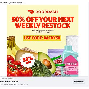 DoorDash YMMV Targeted Promo Code: Save 50% on a grocery order between $40 and $60, max discount $30