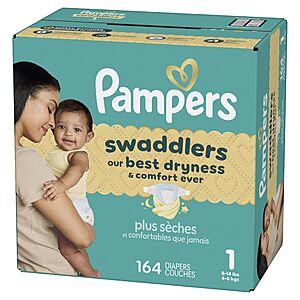 2 x Pampers Swaddlers Diapers, Size 1 (8-14 lbs), 164 Count,$77.88 S&S, earn $20 Amazon Credit Free Shipping