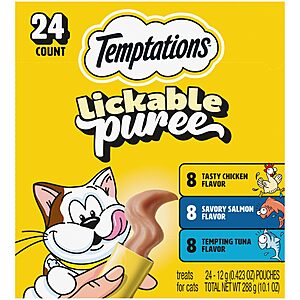 $5.30 or less S&S CLIP Q:  (22cents per treat) Temptations Creamy Puree Lickable Cat Treats, All Chix or   with Chicken, Salmon, and Tuna Variety Pack, 0.42 oz. Tubes, 24 Count