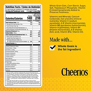 $3.79 or less S&S Cheerios, Heart Healthy Gluten Free Breakfast Cereal, Family Size, 18 oz Amazon