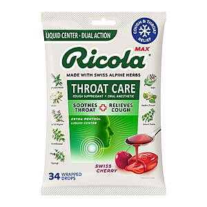 $5.39 FS WALMART+ Ricola Max Throat Care Swiss Cherry Cough Drops for Sore Throat + Cough Relief, Value Pack, 34 Count