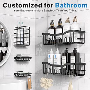 $9.99 ac Prime Shipped AMZ EUDELE Adhesive Shower Caddy, 5 Pack Rustproof Stainless Steel Bath Organizers With Large Capacity, No Drilling