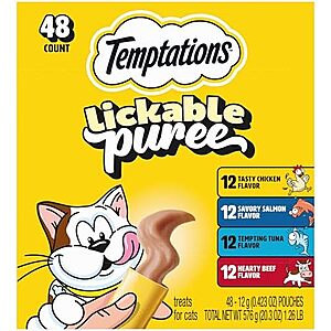 $14.31 or less S&S-Q: Temptations Creamy Puree Squeezable Lickable Cat Treats,   Beef, Salmon, Chicken, and Tuna Variety Pack, 0.42 oz  48 Count AMZ
