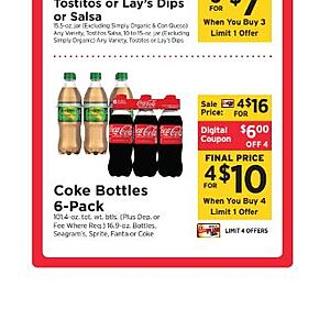 ShopRite Supermarkets 7/26-8/1 Coke/Dr. Pepper Family 16.9oz 6ct Plastic Bottles, 4/$10 with digital coupon