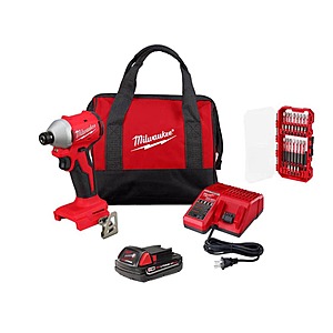 $119 Free Delivery or Ship To Store:  Home Depot M18 18V Compact Brushless 1/4 in. Impact Driver Kit w/ 2. 0Ah Battery, Charger, Bag with SHOCKWAVE SHOCKWAVE 28-Pc Set