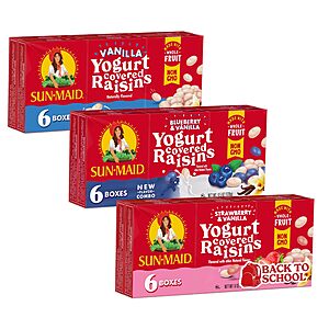 $6.75 AC Amazon YMMV Sun-Maid Yogurt Coated Raisins 3 Flavor Snack Pack Bundle -  (18 boxes) 1 oz, 6 Snack-Size Boxes per Flavor - Vanilla, Blueberry, and Strawberry Yogurt Covered