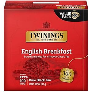 $6.81 S&S Clip Q AMZ Twinings English Breakfast Black Tea Individually Wrapped Bags, 100 Count (Pack of 1)