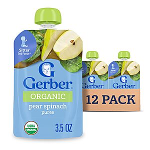 12-Pack 3.5-Oz Gerber Stage 2 Organic Pear Spinach Pouches $11.82 (99c Ea) w/ S&S & Q + Free Shipping w/ Prime or on $35+