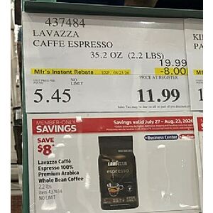 COSTCO B&M: $11.99 Lavazza 2.2 LB Whole Bean Espresso to 8/23 ($14.99 online)