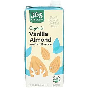 AMZ S&S: Shelf Stable 365 by Whole Foods Market, Organic Almond Milk (Various), Vegan, Low-Fat, 32 Fl Oz 4 Quarts for $6.70