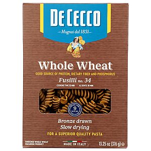 De Cecco Pasta Fusilli or Penne Whole Wheat, 4G Fiber per serving 13.25 oz  $2.63 S&S AMAZON