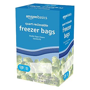 $7.31 S*S Amazon Basics Reclosable Freezer Quart Food Storage Bags with Zipper Seal, BPA Free, Stand and Fill, Airtight, 120 Count  Buy 4, save 10%