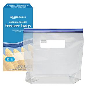 $10.01 S&S Amazon Basics Reclosable Freezer Gallon Size Bags with Double Zipper Seal, Stand-Up Bottom, BPA Free, 90 Count  Buy 4 save 10%