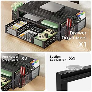 $16 AC AMZ 20"W x 10"D x 5.8"H Monitor Stand with Drawer, 2-Tier Laptop Stand, Black | Desk Organizers and Accessories with Drawer and 2 Pen Holders,