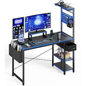 $56.50 ac FS WALMART by Upgo 47" Gaming Desk with Adjustable Storage Rack & LED Lights, Power Outlets  ,Blue border