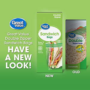 $1.98 FS WMT+ For School Lunches Great Value Double Zipper Sandwich Bags - 100 Count, Fresh Seal for Snacks and Sandwiches
