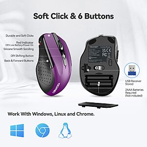 $4.99 ac Amazon TECKNET Wireless Mouse, 2.4G  2600 DPI, Purple | Ergonomic Design with Side Grips, Adjustable DPI, 2-Year Battery,