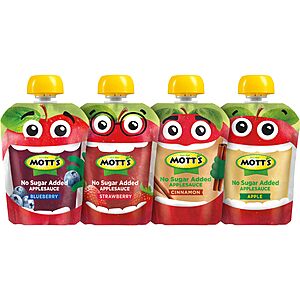 $6.91 or less S&S/Q/AMZ Mott's No Sugar Added Applesauce Variety Pack, 4 Flavors – Apple, Strawberry, Cinnamon & Blueberry,  , 3.2 Clear Pouches, 20 Pack