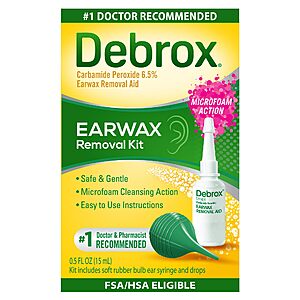 $4.77 or less S&S Q AMZ Debrox Ear Wax Removal Kit, Bulb Syringe & 0.5 Fl Oz Removal Ear Drops